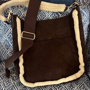 Ahdorned faux shearling Brown Shoulder Bag with Cream Accents